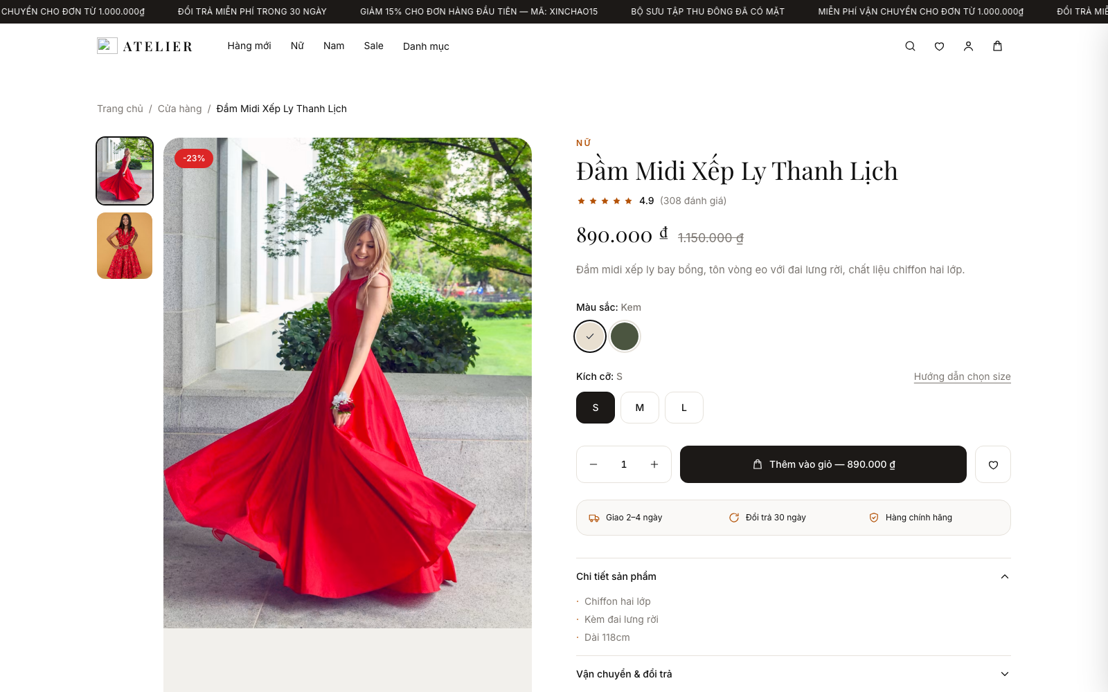 Trang sản phẩm đầm midi xếp ly