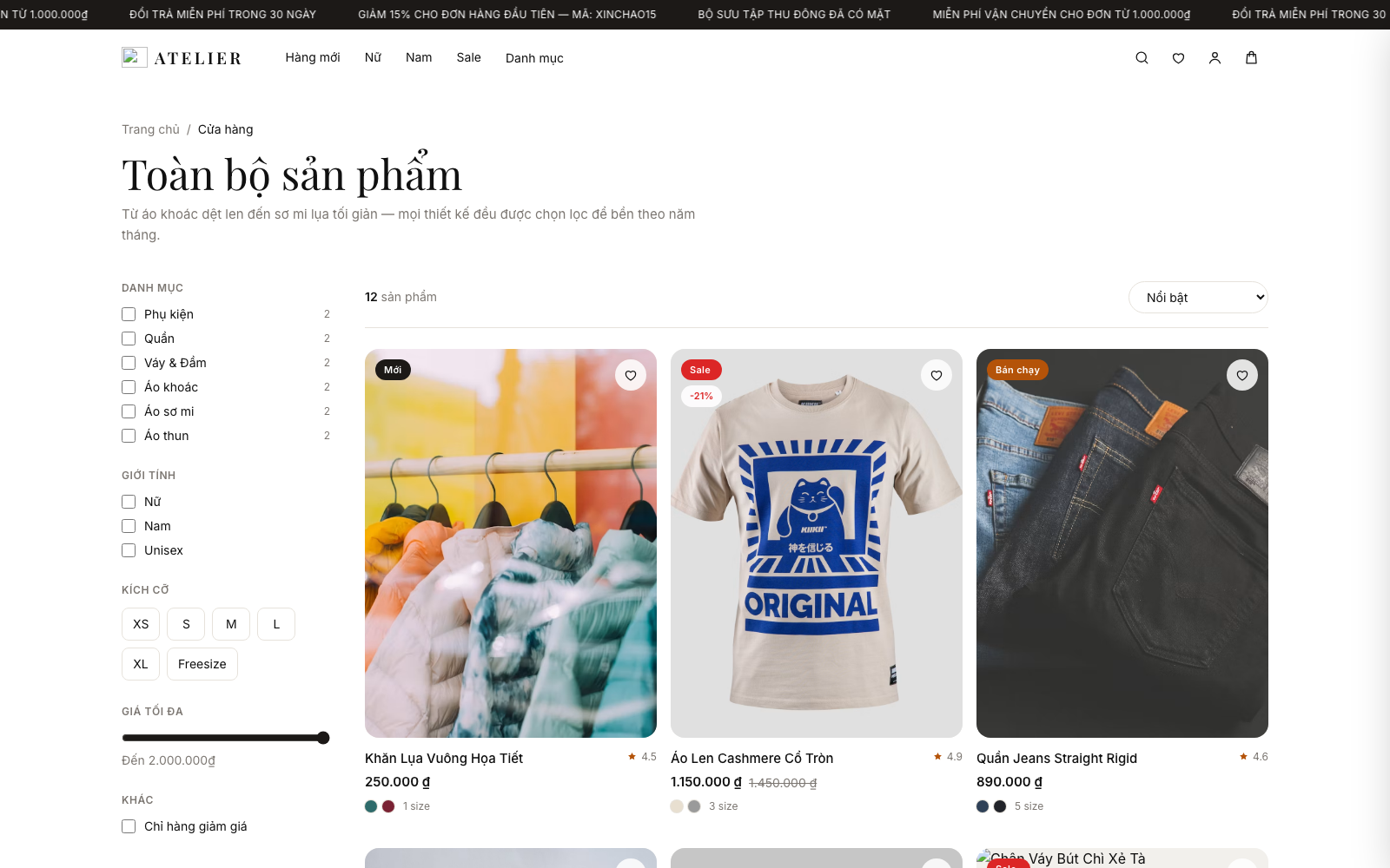 Trang cửa hàng với bộ lọc danh mục