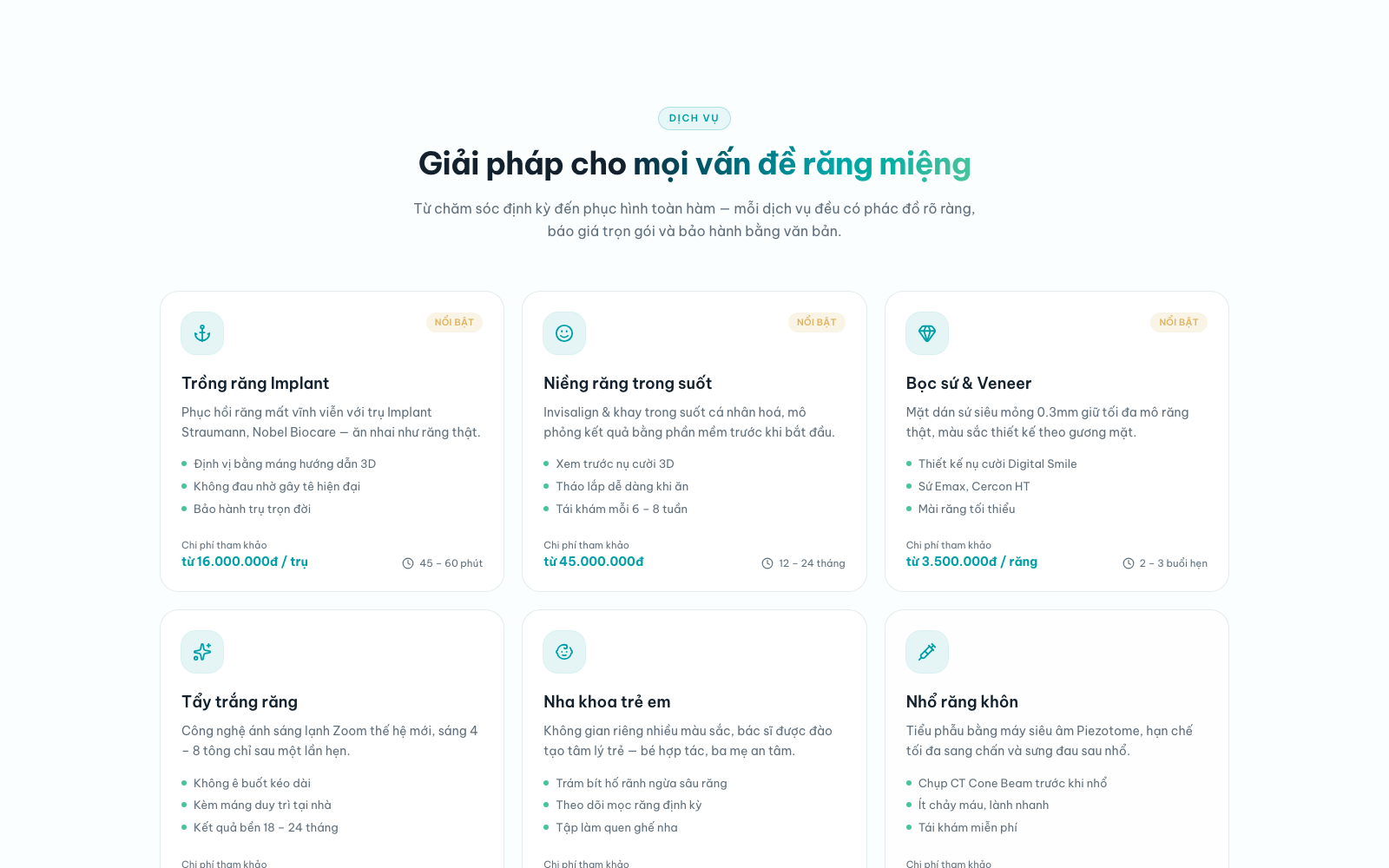 Services grid with a reference price for every treatment